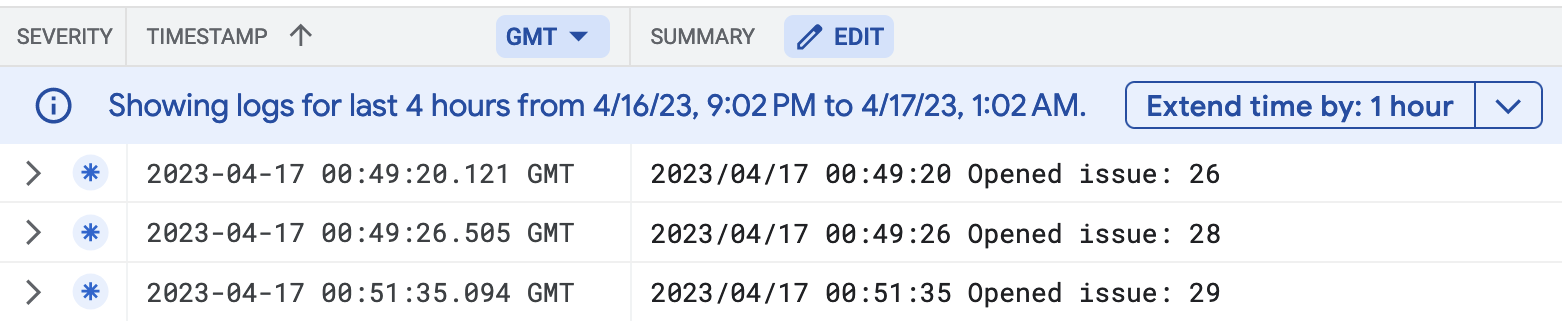 Screenshot of logs in Google Log Explorer showing Opened issue entries