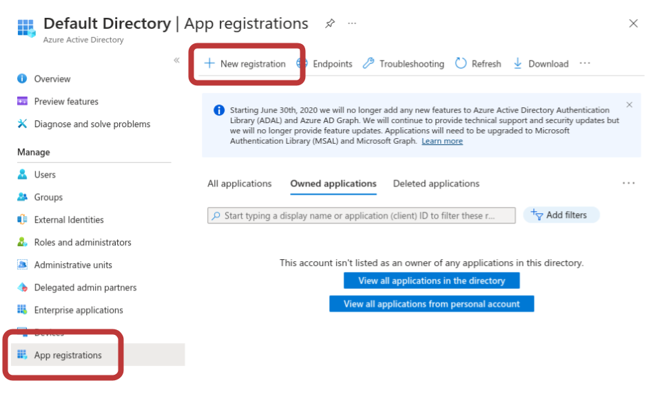 Screenshot of the App registrations landing page  in the Azure Active Directory console. The App registrations tab in the left sidebar menu is highlighted in a red circle, as is the &ldquo;New registration&rdquo; option.