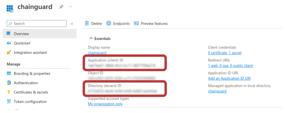 Screenshot of the Azure AD Overview tab showing the Essentials information. THe Application (client) ID and the Directory (tenant) ID are both highlighted in red circles.
