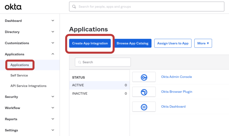 Screenshot of the Okta Admin console, showing the Applications landing page. &lsquo;Applications&rsquo; is circled in the left hand sidebar menu, as is the &lsquo;Create App Integration&rsquo; button.