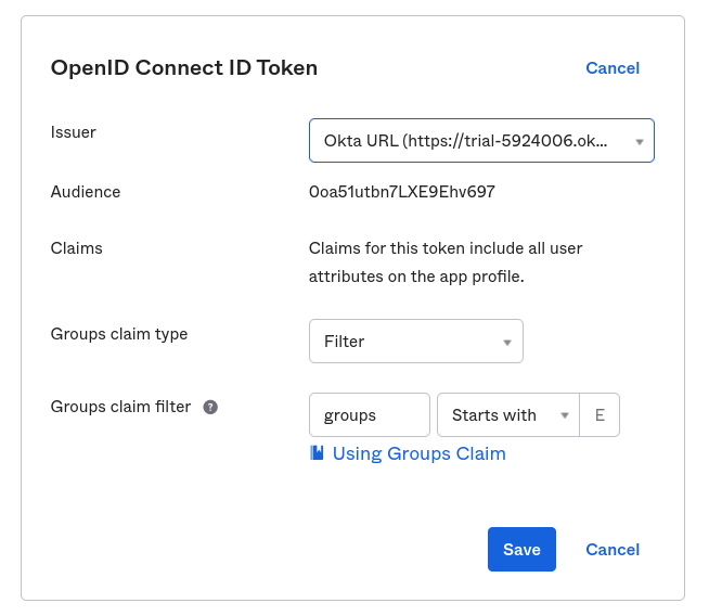 Screenshot showing the OpenID Connect ID Token section being edited. The Issuer field is set to the &lsquo;Okta URL&rsquo; option, while the rest of the options are set as their default options.