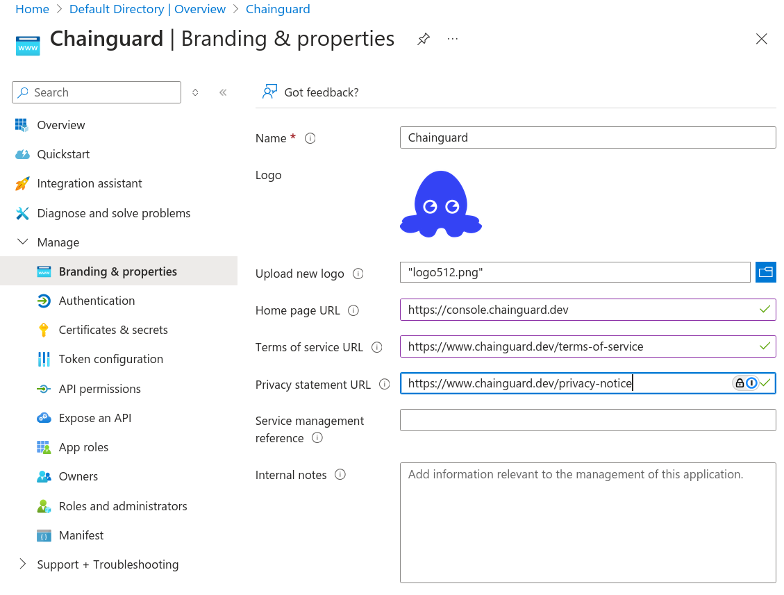 Screenshot of the Branding &amp; properties screen with the following settings: Name is set to &ldquo;Chainguard&rdquo;; Logo shows the sample Linky logo uploaded; Home page URL is set to &ldquo;https://console.chainguard.dev&rdquo;; Terms of service URL is set to &ldquo;https://www.chainguard.dev/terms-of-service&rdquo;; and the Privacy statement URL is set to &ldquo;https://www.chainguard.dev/privacy-notice&rdquo;.