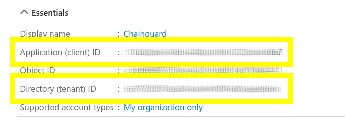 Screenshot of a portion of the Overview page showing the &ldquo;Essentials&rdquo; information. The Application (client) ID and the Directory (tenant) ID are both highlighted in yellow boxes, though their values have been blurred.