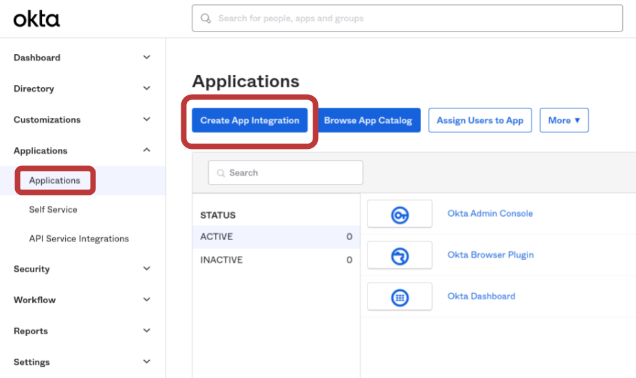 Screenshot of the Okta Admin console, showing the Applications landing page. &ldquo;Applications&rdquo; is circled in the lefthand sidebar menu, as is the &ldquo;Create App Integration&rdquo; button.