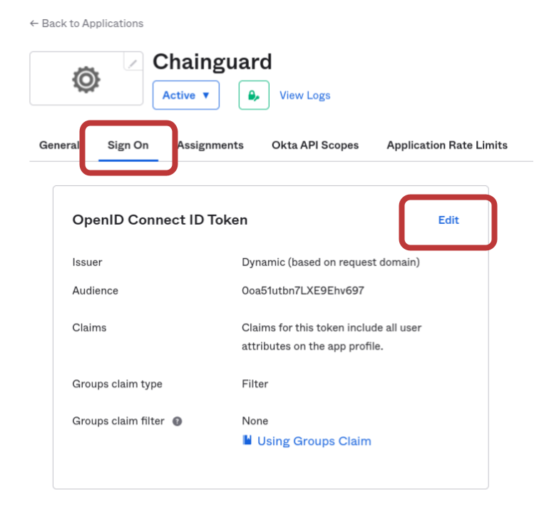 Screenshots showing the OpenID Connect ID Token section of the Sign On tab. The Sign On tab and the relevant Edit button are circled in red.