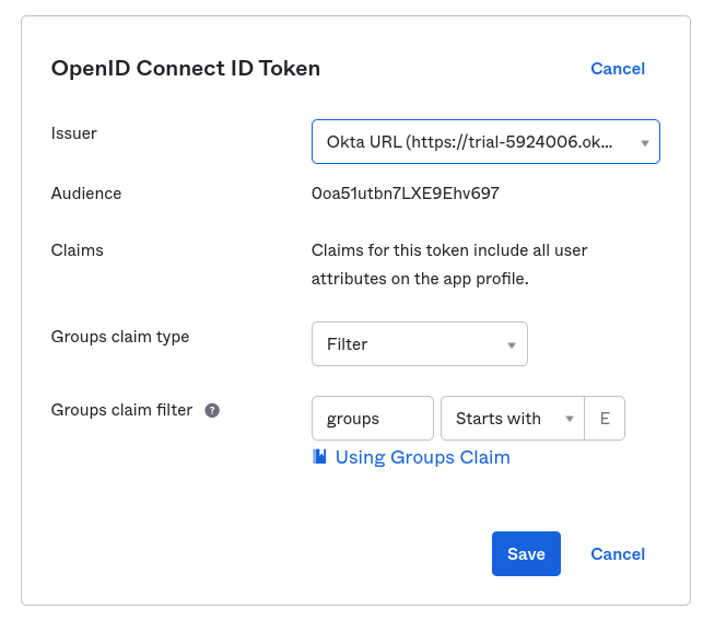 Screenshot showing the OpenID Connect ID Token sectionb eing edited. The Issuer field is set to the &ldquo;Okta URL&rdquo; option, while the rest of the options are set as their default options.