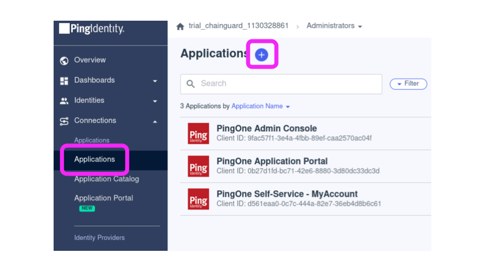 Screenshot of the Ping Identity Dashboard, showing the applications landing page. The Applications tab in the lefthand sidebar and the &ldquo;add application&rdquo; plus sign icon are circled in magenta.