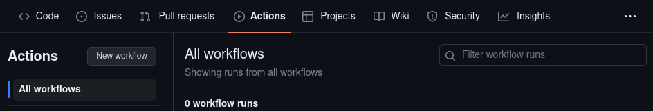 Screenshot of part of the Actions tab in a GitHub repository. At the left of the &ldquo;All workflows&rdquo; list is a &ldquo;New workflow&rdquo; button.