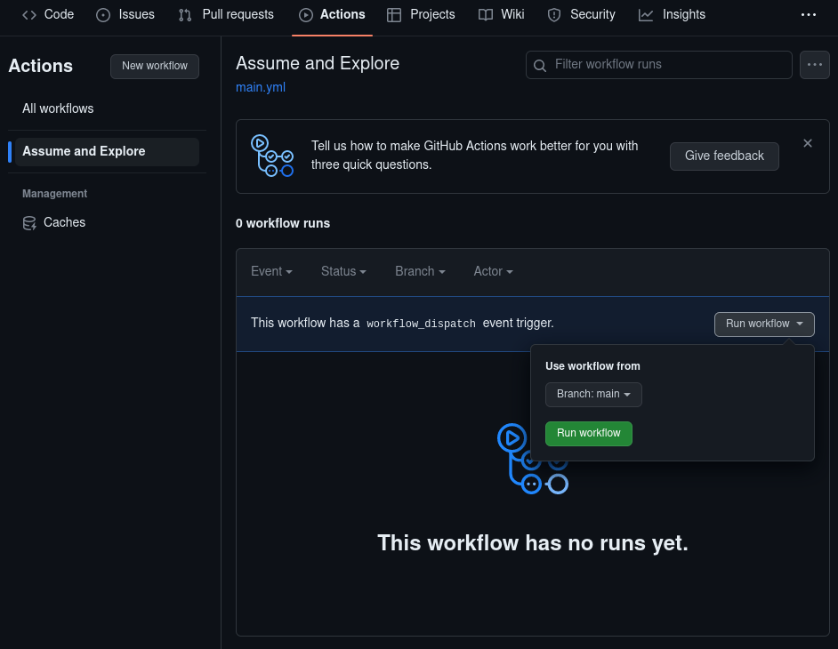 Screenshot of the &ldquo;Assume and Explore&rdquo; workflow, with the &ldquo;Run workflow&rdquo; button showing.