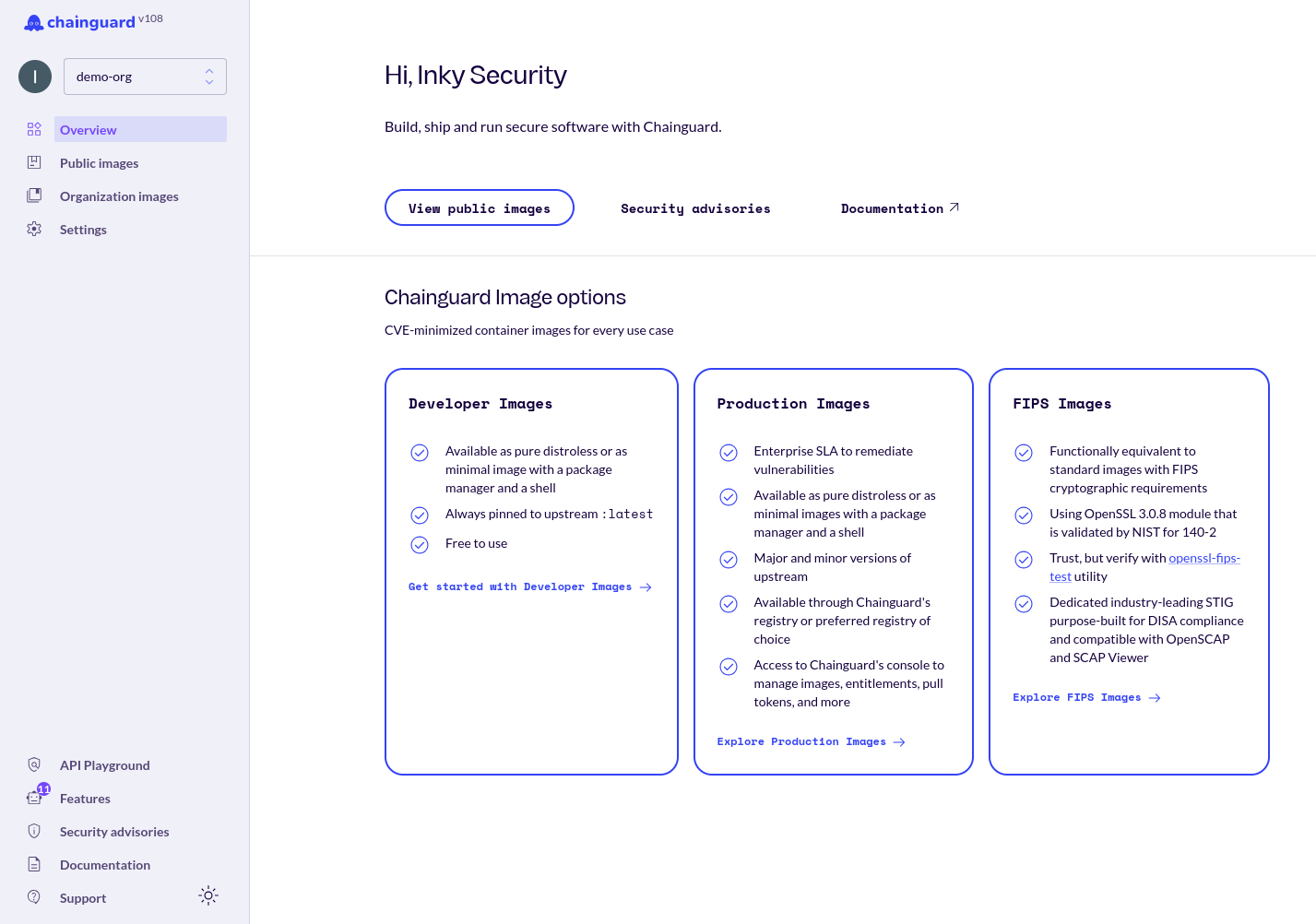 Screenshot showing the Chainguard Console&rsquo;s Overview page.