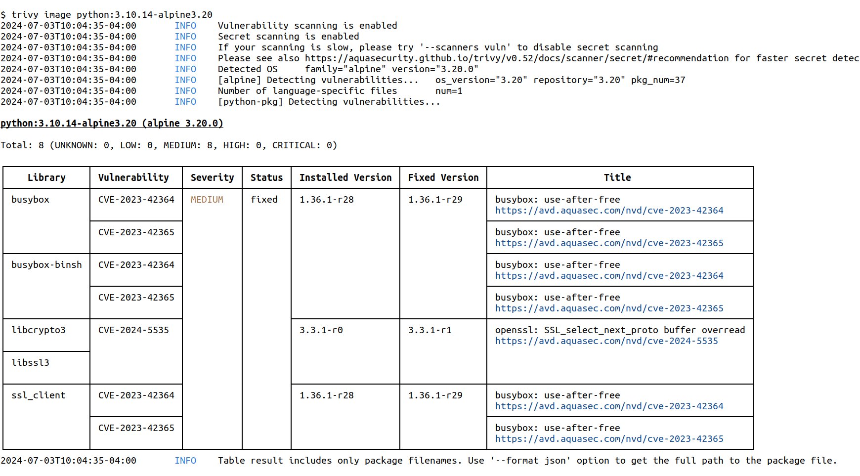 Screenshot of Trivy output showing first informational messages on which scanners are enabled, then the name of the image, then a listing of issues by severity, and finally a table formatted with ASCII separator (pipes and underscores) showing itemized issues