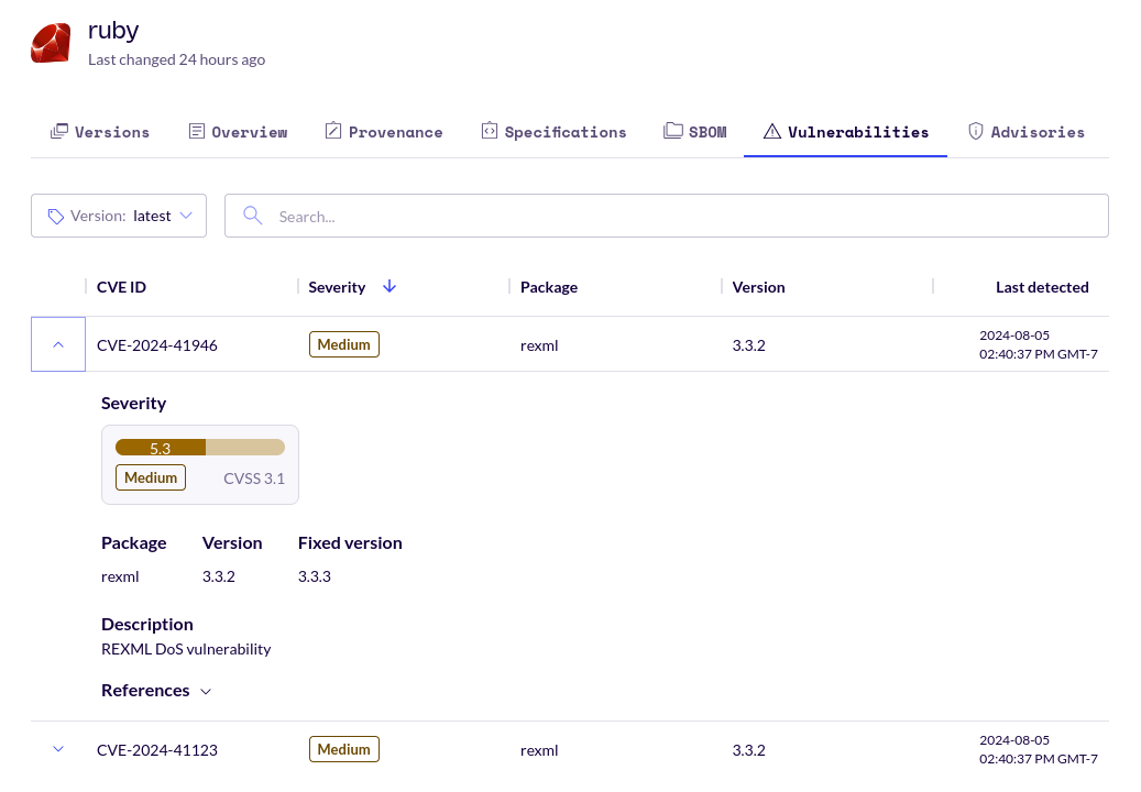 Screenshot showing the expanded view of the &ldquo;CVE-2024-41946&rdquo; vulnerability. This expanded view includes a brief description of the CVE as well as some reference links.