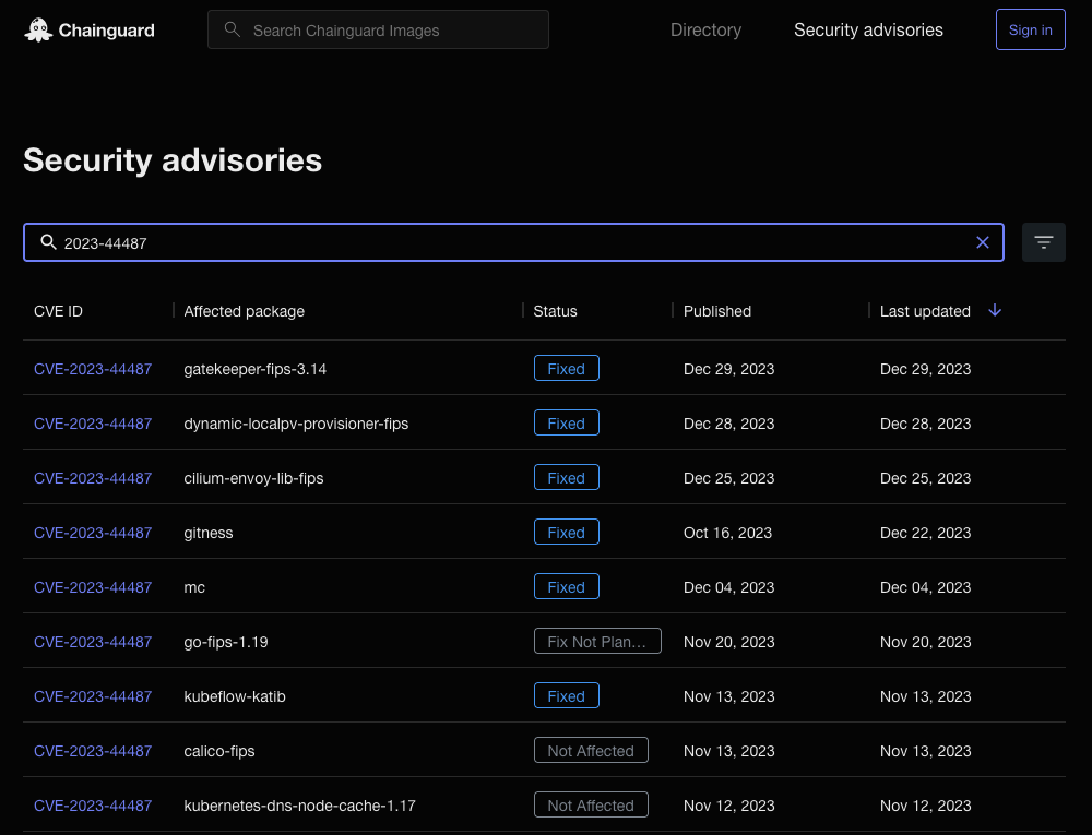 Screenshot showing the Chainguard Security Advisories page. The list of advisories has been filtered to only include those with a CVE ID of &ldquo;CVE-2023-44487&rdquo;.