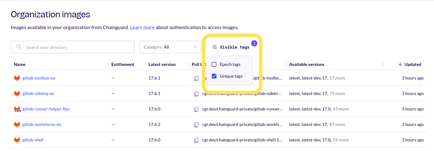 Screenshot of the Organization images page, showing Images in a table. The &ldquo;Visible Tags&rdquo; select box is highlighted with a yellow box, showing the option &ldquo;Unique tags&rdquo; checked.