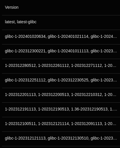 Screenshot of a portion of the busybox Image&rsquo;s Versions tab. This screenshot shows the ten most recently built versions, some of which include unique tags such as &ldquo;1-202312280512&rdquo;