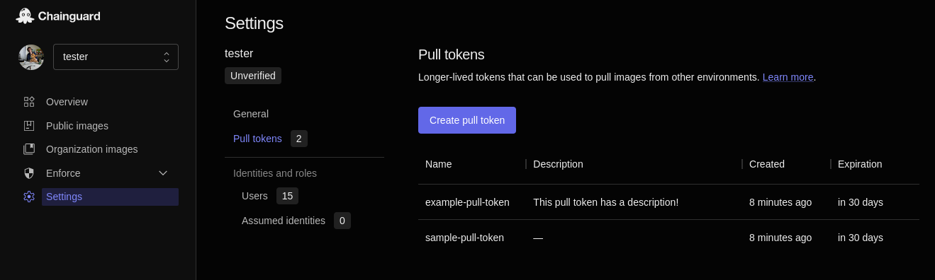 Screenshot showing the Pull tokens page within the Settings pane. This example shows two pull tokens in the table.
