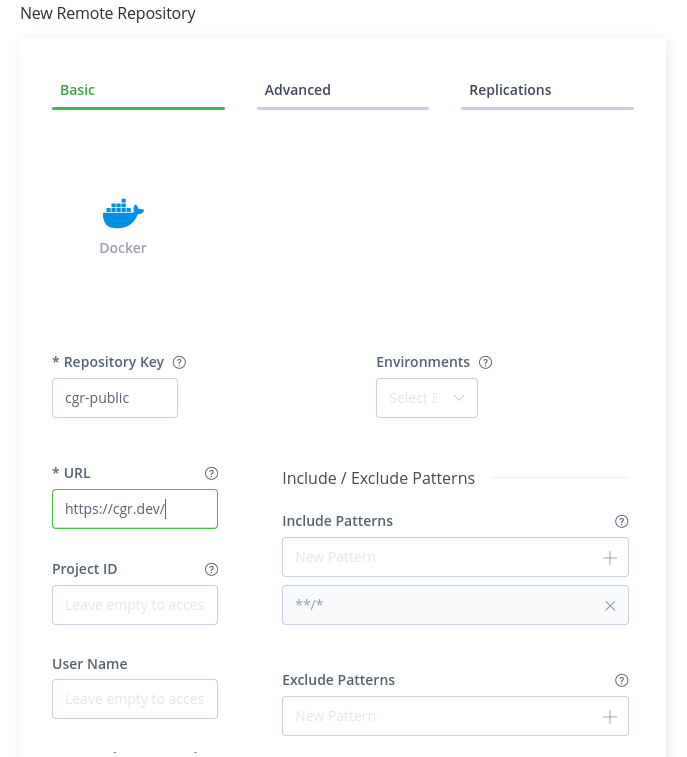 Screenshot of Artifactory&rsquo;s New Remote Repository &ldquo;Basic&rdquo; Configuration tab. The &ldquo;Repository Key&rdquo; field is set to &ldquo;cgr-public&rdquo;, the &ldquo;URL&rdquo; field is set to &ldquo;https://cgr.dev/&rdquo;, and the &ldquo;Include Patterns&rdquo; section has only the default entry &ldquo;**/*&rdquo;.