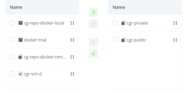 Screenshot showing a portion of the &ldquo;New Virtual Repository&rdquo; page. The &ldquo;cgr-public&rdquo; and &ldquo;cgr-private&rdquo; repositories have been checked and moved to the &ldquo;Selected Repositories&rdquo; column.