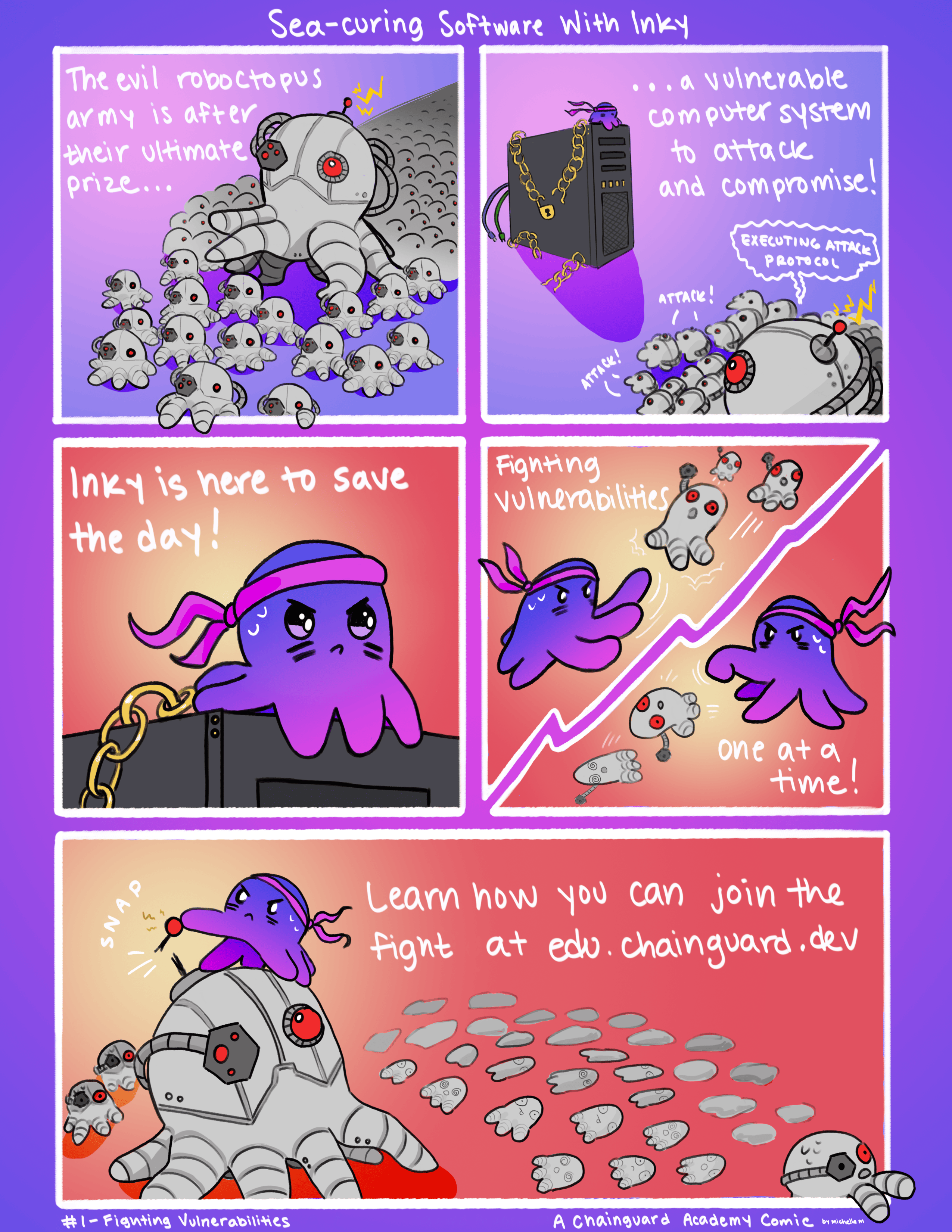Comic featuring Chainguard's mascot, Inky the octopus, using their tentacles to defend a vulnerable computer from software vulnerabilities. The vulnerabilities take the form of robotic octopuses charging forward as an army toward the computer.